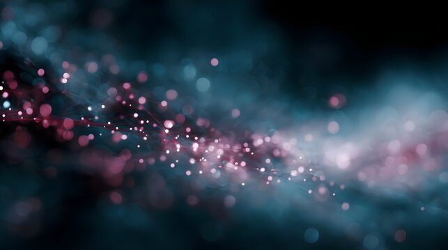 Abstract digital network of glowing pink and teal particles with bokeh effects