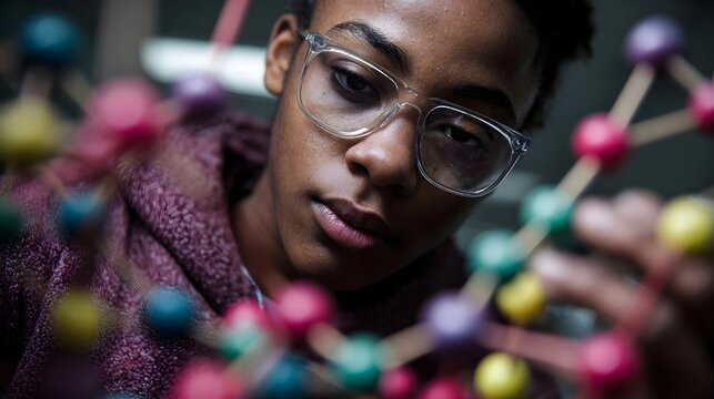 A young student wearing glasses examines a colorful molecular model