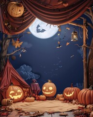 Cozy Halloween night with carved pumpkins.