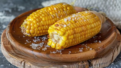 Two ears of grilled corn on the cob, seasoned with coarse salt, rest on a rustic wooden platter against a dark background