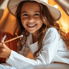 Smiling girl in hat holding pencil indoors.