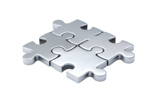 Four interlocking silver puzzle pieces forming a square shape isolated on transparent background
