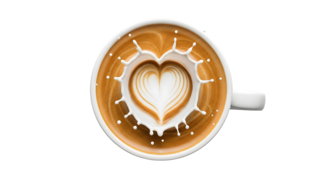Overhead view of a white coffee cup with latte art heart shape and milk splash isolated on transparent background