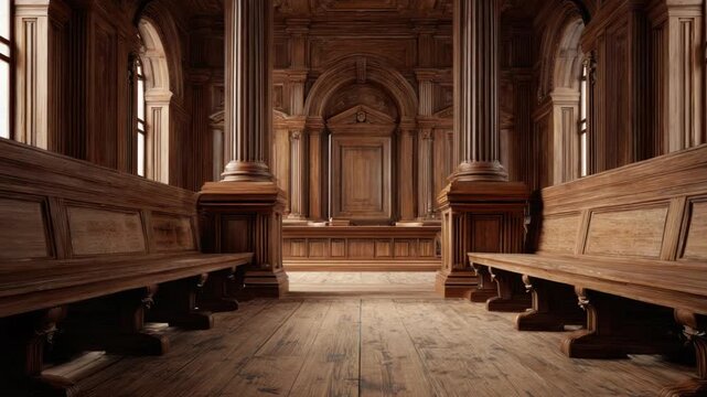 Grand, ornately detailed wooden courtroom