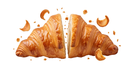Golden brown croissant sliced in half with flaky layers and crumbs flying around isolated on transparent background