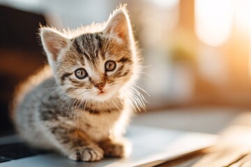 Adorable kitten typing away at laptop with a humanlike pose. Mod