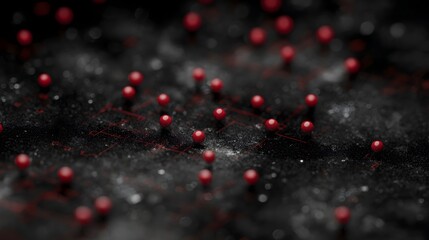 Abstract digital network visualized with red nodes and intricate connections on a dark granular textured surface
