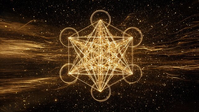 Geometric Metatron's Cube Spiritual Symbol in Golden Light on a Dark Background Representing Sacred Geometry and Cosmic Energy