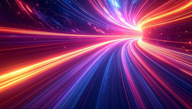 Abstract digital rendering showcases a vibrant tunnel of light. Intense energy trails converge, creating a futuristic and dynamic visual - Powered by Adobe