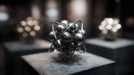 Metallic atomic model sculpture with interconnected spheres and rings on a pedestal