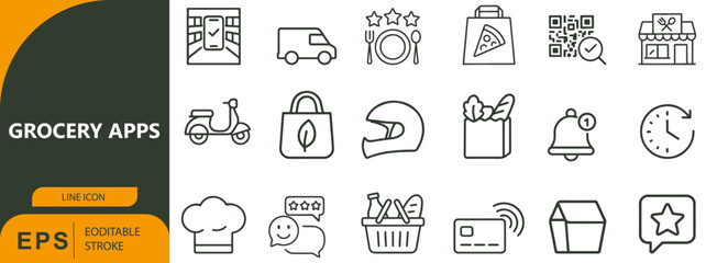 Grocery Apps Icon Set – Symbols of Food Delivery, Online Shopping, and Culinary Logistics