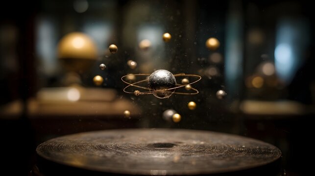 A vintage atomic model with orbiting particles displayed representing scientific explo n and history