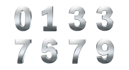 Collection of metallic silver numbers zero one three seven five nine isolated on transparent background