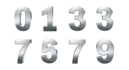 Collection of metallic silver numbers zero one three seven five nine isolated on transparent background