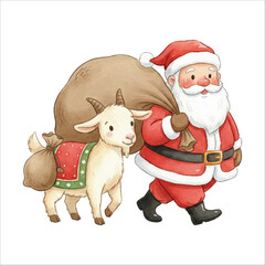 Santa with Goat Carrying Gifts Watercolor Vector Illustration on White Background
