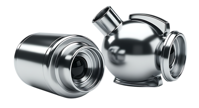 Two shiny metal hose clamps with a threaded connection on a transparent background isolated on transparent background