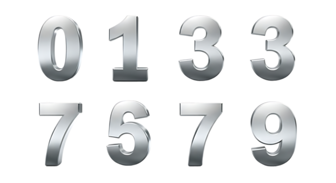 Collection of metallic silver numbers zero one three seven five nine isolated on transparent background