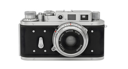 Vintage analog camera with silver accents and black body isolated on transparent background