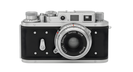 Vintage analog camera with silver accents and black body isolated on transparent background