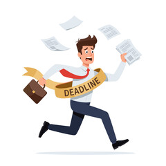 Businessman rushing with documents and briefcase facing deadline