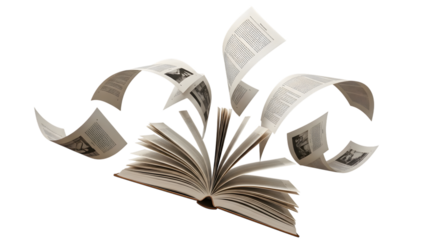 An open antique book with pages unfurling and swirling into a floral shape isolated on transparent background