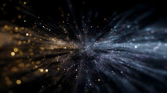 Abstract cosmic explosion of golden and blue particles with light streaks radiating outwards