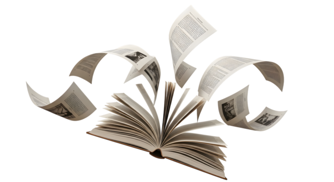 An open antique book with pages unfurling and swirling into a floral shape isolated on transparent background