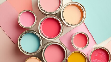 Banner with colorful paint cans. Paint in cans in bright pastel shades: pink, mint green, lavender, peach and yellow. Colorful palette on a soft neutral background, perfect for interior design