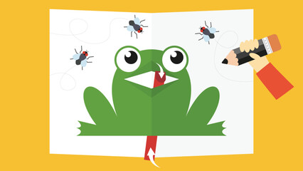 Illustration of a frog reading a book with a pencil and mosquitoes