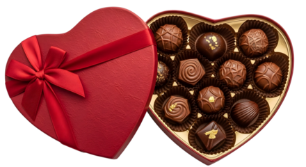 Assortment of gourmet chocolates in a red heart shaped box with a ribbon bow isolated on transparent background