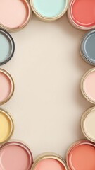 Fototapeta premium A color combination for interior design. Soft pastel color palette with coral, blush, mustard, and blue paint cans on beige.
