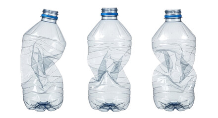Three Crushed Blue Plastic Water Bottles in a Row cutout isolated on transparent bg, png