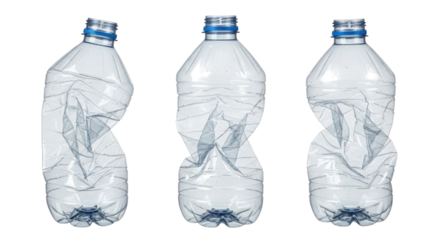 Three Crushed Blue Plastic Water Bottles in a Row cutout isolated on transparent bg, png