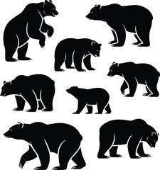 Black Bear Silhouette Collection in Various Poses on White Background