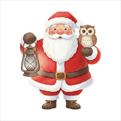 Santa with Owl and Lantern Watercolor Vector Illustration on White Background
