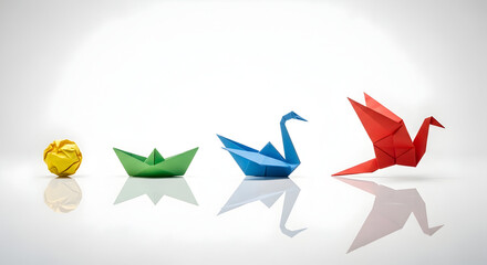 Origami Art Progression Transforming Paper from Chaos to Flight, Concept of Change