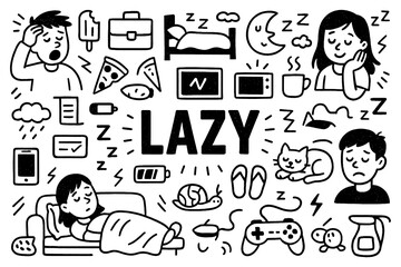 Lazy mood and slow lifestyle doodle composition with relaxed and sleepy elements, Transparent Background
