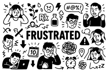 Frustrated emotion and stress struggle doodle composition with overwhelmed expressions, Transparent Background