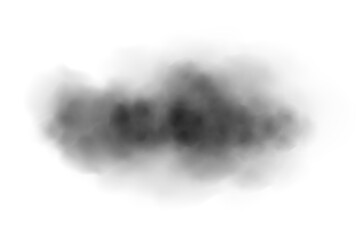 Black smoke cloud isolated on white background. Dark realistic fog cloud with soft edges and transparent texture. Vector illustration for explosion, pollution, or dramatic effect themes.