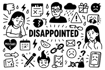 Disappointed emotion and sadness doodle composition with upset expressions, Transparent Background