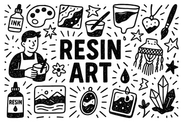 Resin art craft and handmade epoxy artwork doodle composition with creators, Transparent Background