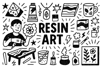Resin art craft and handmade epoxy artwork doodle composition with creators, Transparent Background