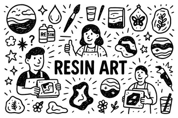 Resin art craft and handmade epoxy artwork doodle composition with creators, Transparent Background