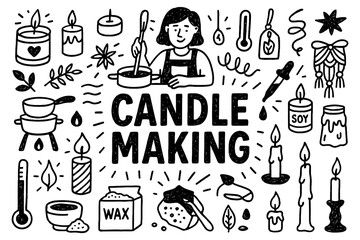 Candle making craft and handmade aroma candle doodle composition with tools, Transparent Background