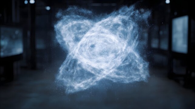 A luminous blue particle cloud swirls in a holographic projection depicting abstract energy and data