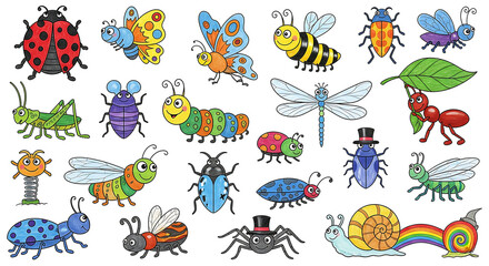 Fototapeta premium Collection of colorful cartoon insects and bugs with happy faces on a white background