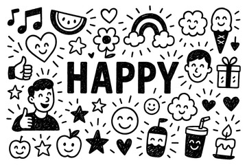 Happy emotion and joyful celebration doodle composition with smiling faces, Transparent Background