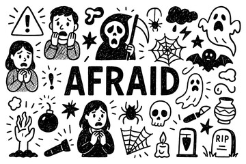 Afraid emotion and fear doodle composition with scary elements, Transparent Background