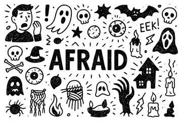 Afraid emotion and fear doodle composition with scary elements, Transparent Background