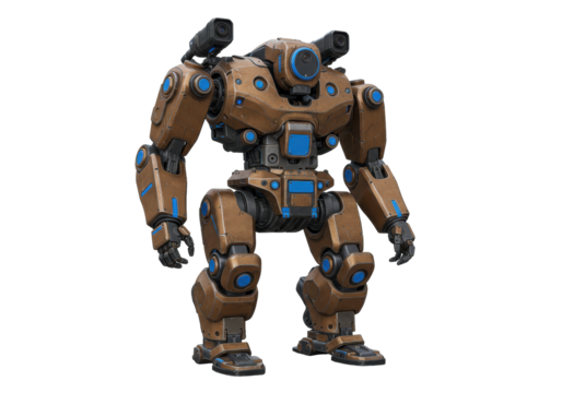 Isolated mechanical robot, futuristic armor, brown and blue, military weapon with robotic technology